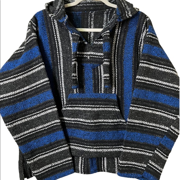 70s BAJA UNISEX Blue and Black Hippie Boho Gypsy Woven Rug Hoodie Jacket - Picture 4 of 7